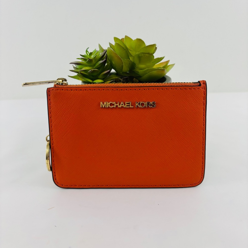 NWOT Michael Kors Orange Saffiano Leather Zip Card Holder ID Case Key Ring